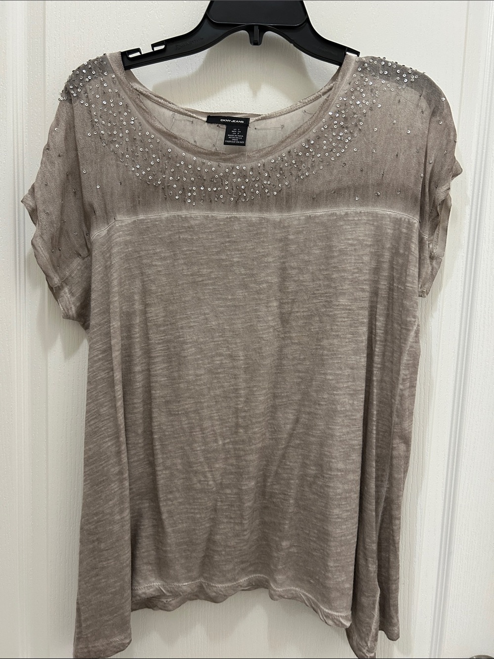 Donna Karan Taupe Short Sleeve Top with Sequin Accents